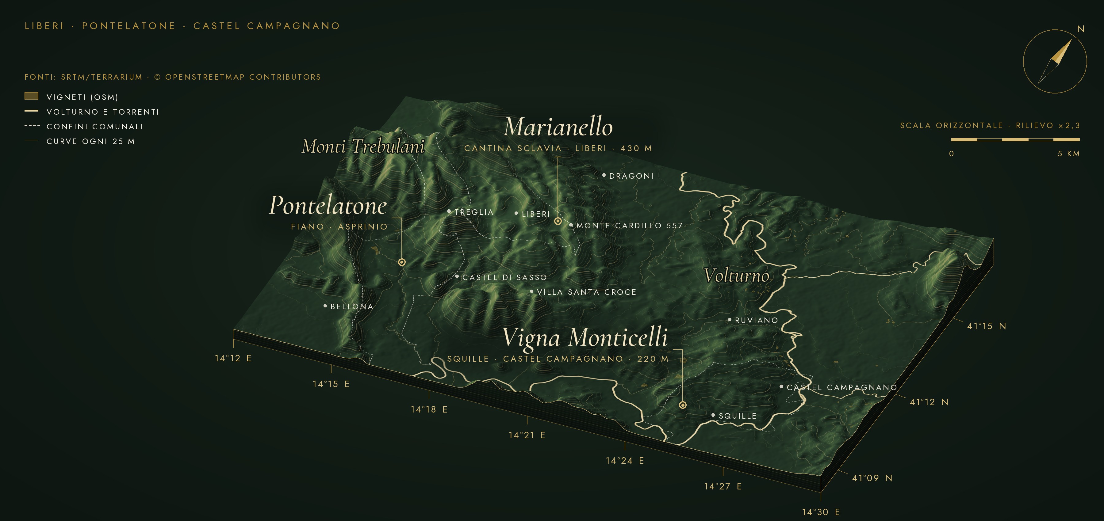 Mappa 3D dei territori dei vigneti Sclavia: Marianello (Liberi), Pontelatone e Vigna Monticelli a Castel Campagnano